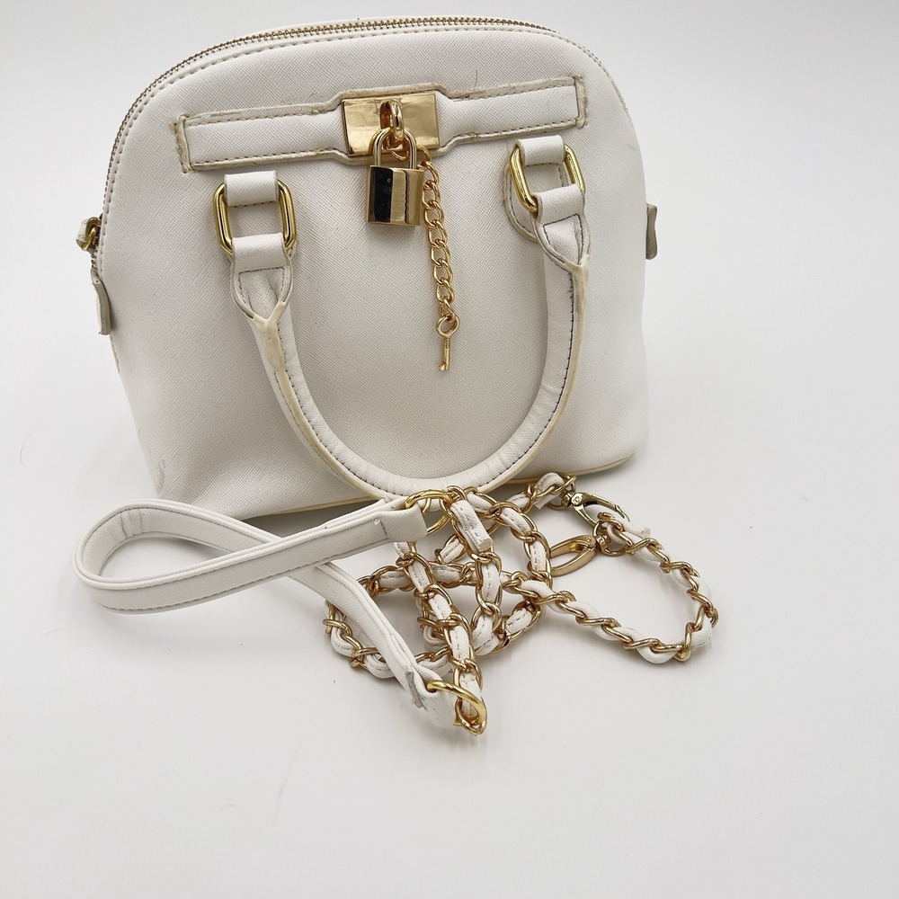White Mini Top Handle‎ Bag Gold Lock Chain Strap Crossbody.